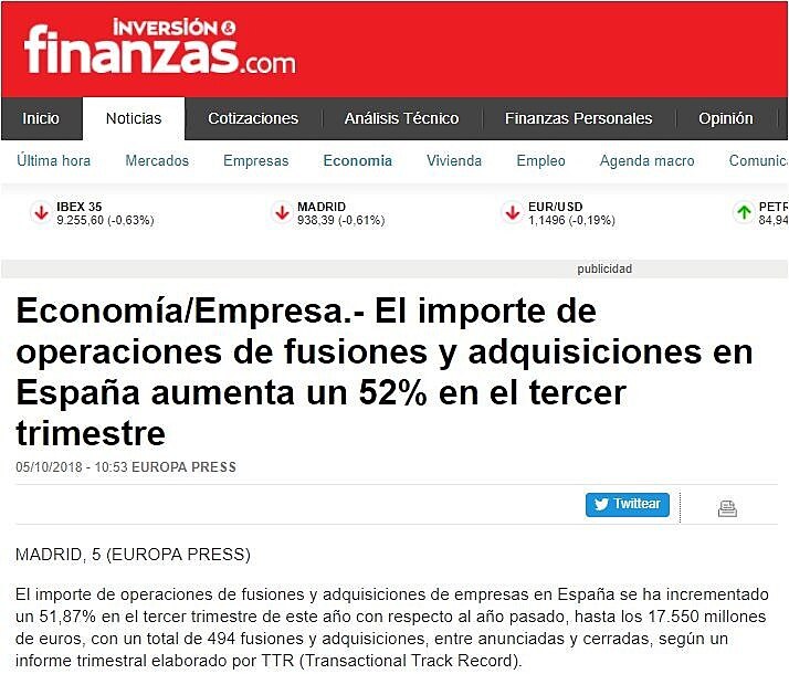 El importe de operaciones de fusiones y adquisiciones en Espaa aumenta un 52% en el tercer trimestre